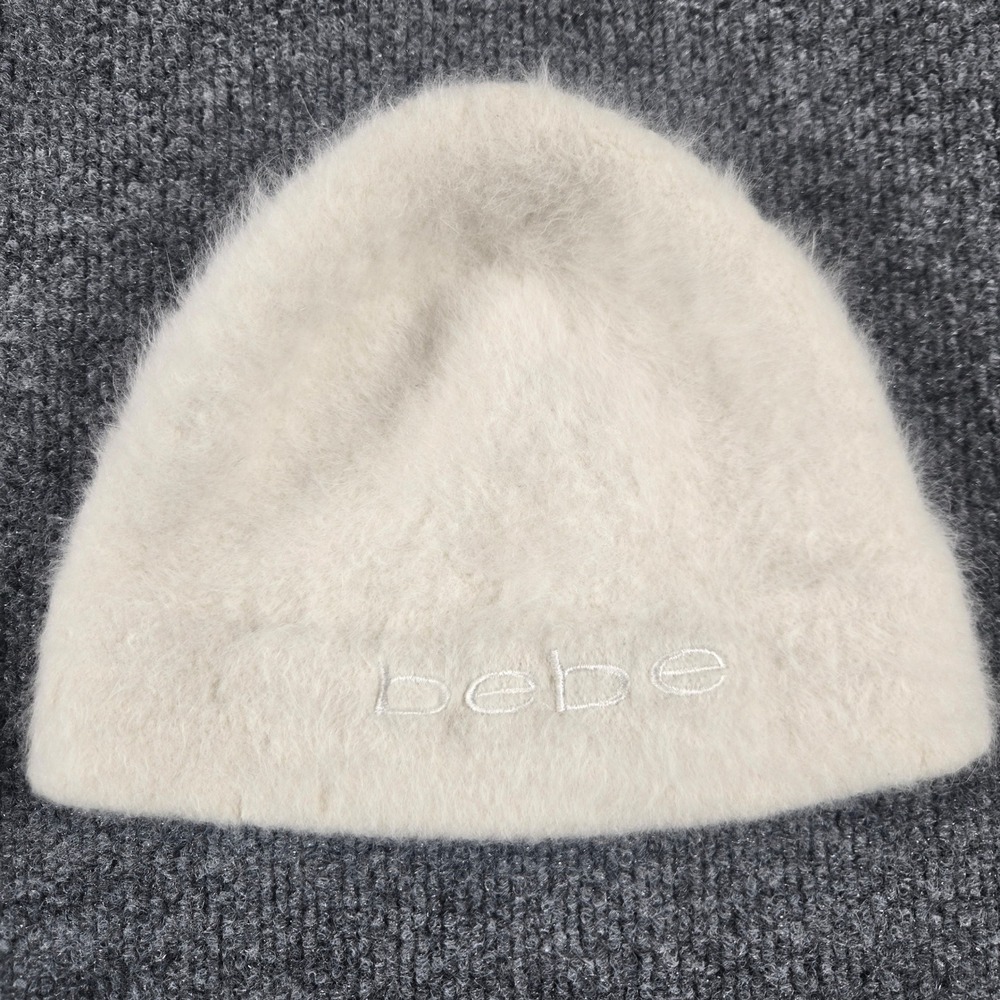 Bebe Beanie Women OS Cream Y2K Angora Blend Fuzzy Logo Winter Hat